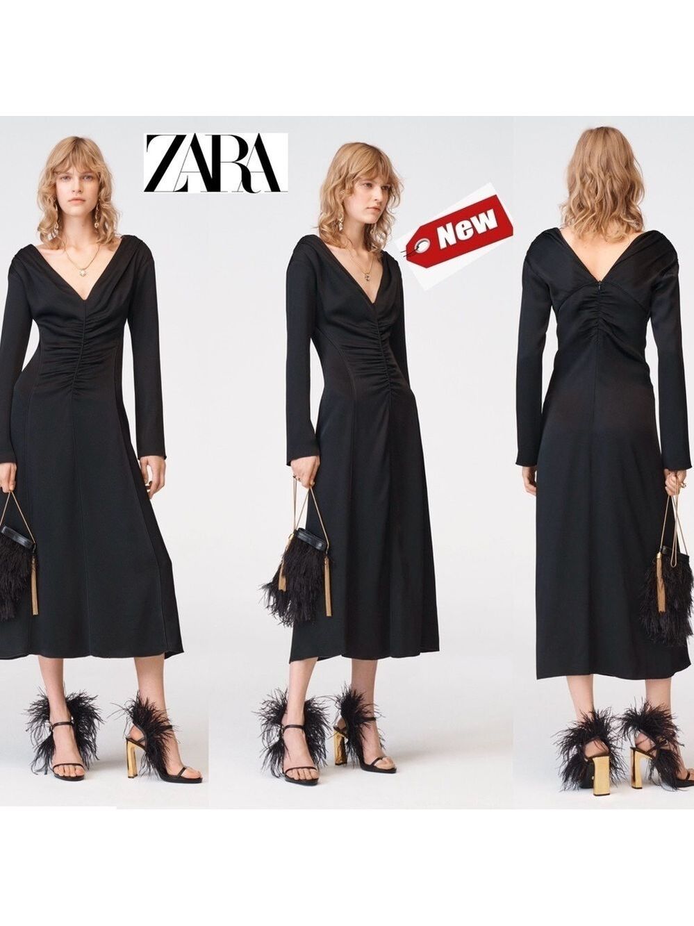 Zara Studio Collection limited edition black A-line V- neck pleated midi dress M